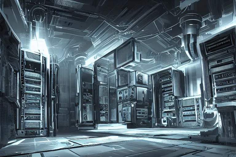 Prompt: parallax datacenter server room interior single mono colossus white rusty android guest robosaurus artstation cinematic detailed concept art sharp coherent cgsociety symmetric perfect well balanced shadows lotr swithes