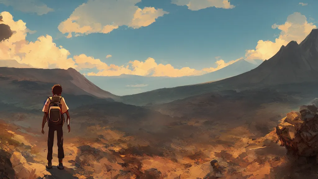 Prompt: a boy with a backpack, beautiful volcanic landscape, by makoto shinkai, greg rutkowski, artstation, high detailed, cgsociety,