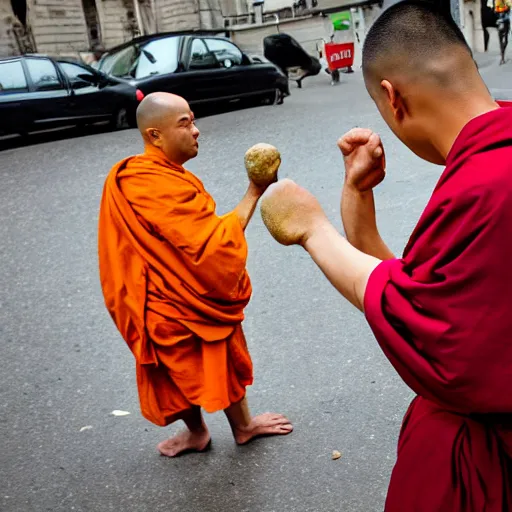 Prompt: wide angle 4 k photograph of a buddhist monk in a fist fight with a giant snail in paris