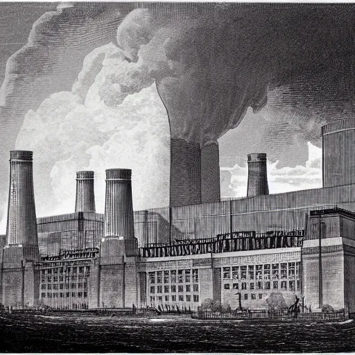 Image similar to A detailed engraving of a battersea power station in the style of piranesi