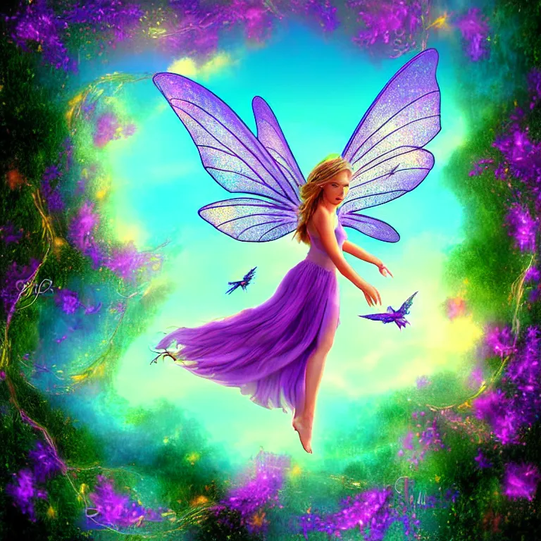 Image similar to fairy flyingin a fantasy world digital art