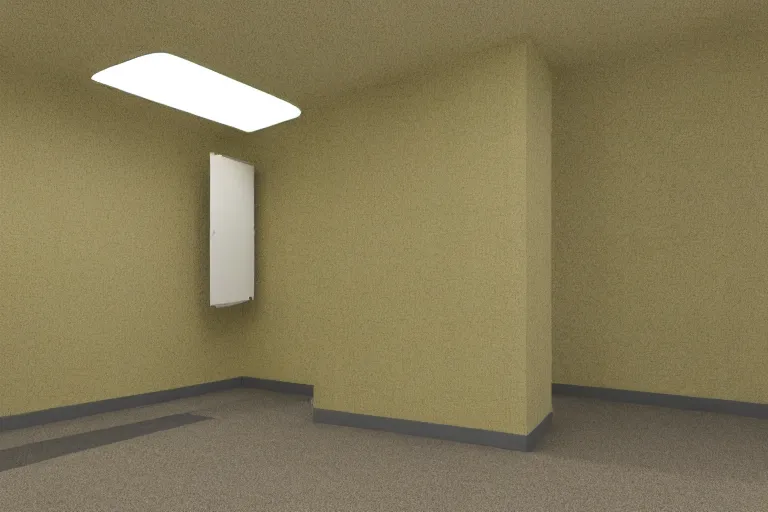 Image similar to 3 d render of jerma 9 8 5, jerma in a liminal space, non - euclidean space, endless halls of office space with worn light mono - yellow 7 0 s wallpaper, old moist carpet, and inconsistently - placed fluorescent lighting | high octane | blender | 3 d render