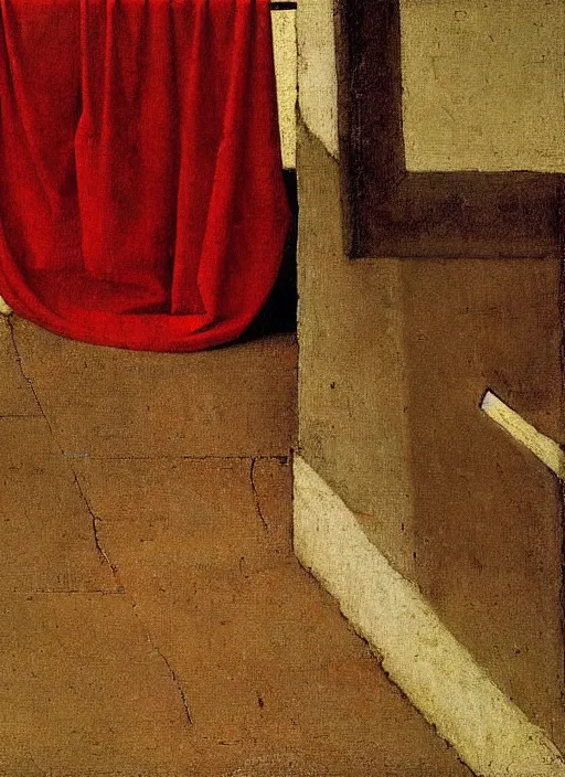 Prompt: red cloth on the floor, medieval painting by jan van eyck, johannes vermeer, florence