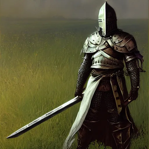 Prompt: Dark Souls Knight standing in a field, candid, fantasy character portrait by Donato Giancola, Craig Mullins