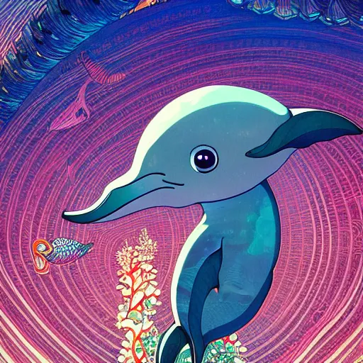Prompt: a beautiful hyperdetailed character design 4 k wallpaper illustration of a cute dolphin, ciyt by the sea, victo ngai cyberpunk style, from china, style of studio ghibli, makoto shinkai, raphael lacoste, louis comfort tiffany, artgerm, james jean, ross tran, chinese style