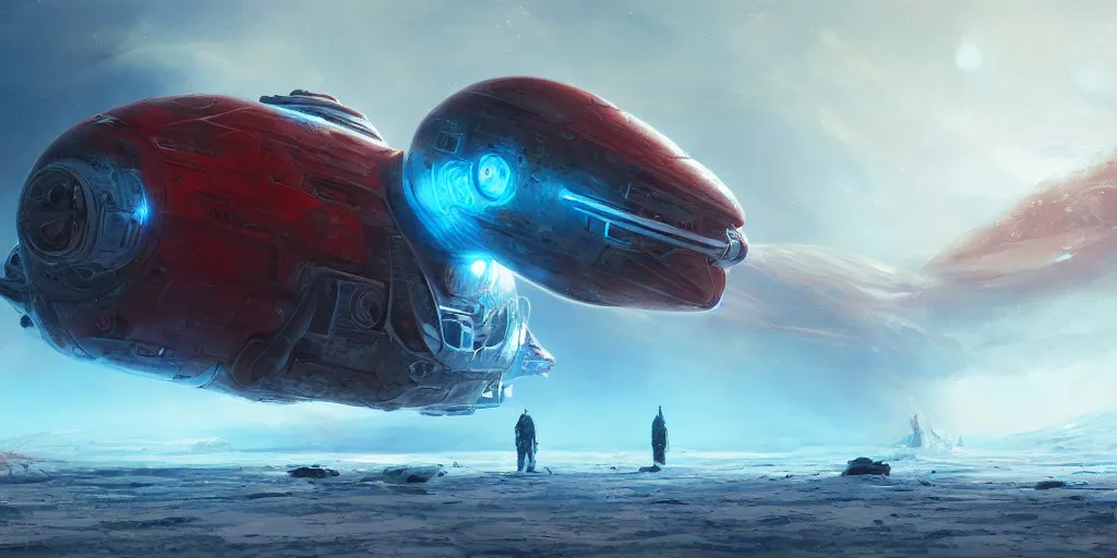 Image similar to legendary space ship, ice fish shape, desert planet, alien technology, cinematic, highly detailed, large blue engines, scifi, hyper realism, intricate digital painting, red glow, gigantic landing pad, scifi base, artstation, by johnson ting, jama jurabaev