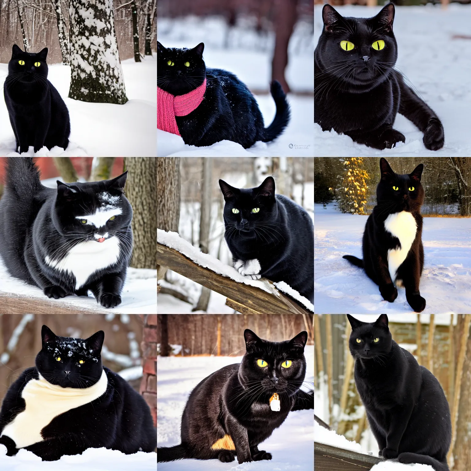 Prompt: fat black cat in Minnesota winter