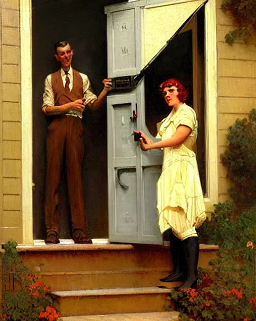 Image similar to handsome man selling vacuum cleaners door to door in a suburban neighborhood 1 9 3 2, melancholy, nostalgia, painting by gaston bussiere, craig mullins, j. c. leyendecker