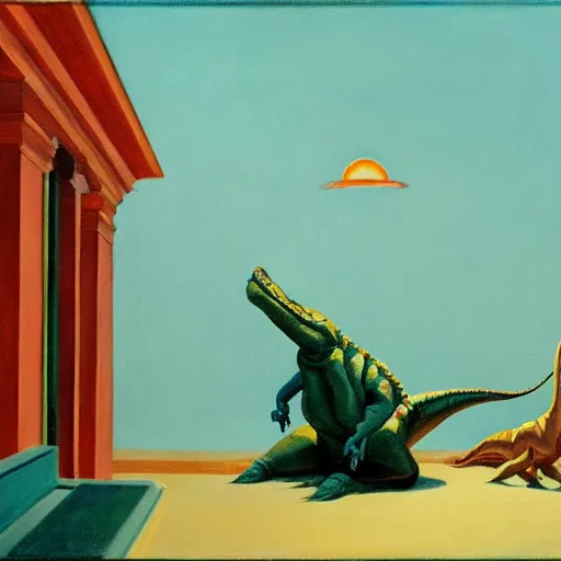 Prompt: painting of the extinction of the dinosaurs with asteroid and fire, in the style of edward hopper