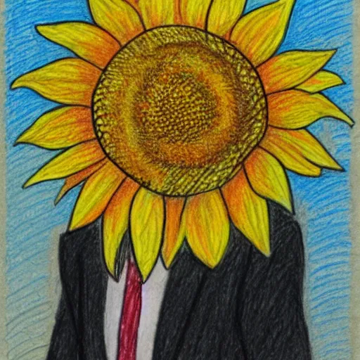 Image similar to man with a sunflower instead of a head wearing a business suit, color pencil sketch