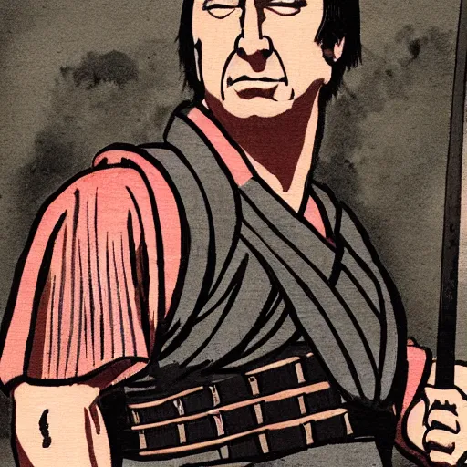 Image similar to saul goodman from breaking bad wearing samurai armor and holding a katana in feudal japan, 4 k, hyper realistic, ink block painting, edo period