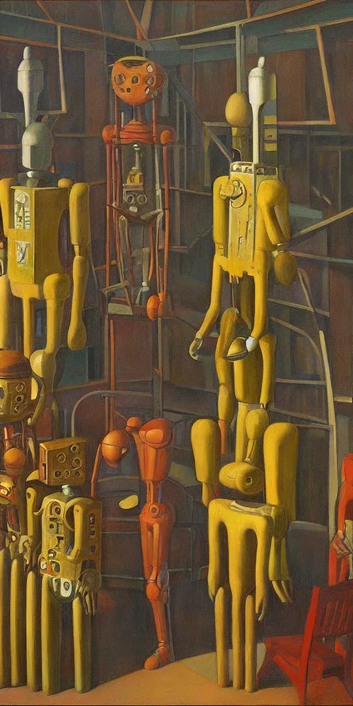 Image similar to robot druids in a grandiose atrium, grant wood, pj crook, edward hopper, oil on canvas