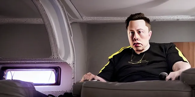 Image similar to full distant shot of bald and dirty elon musk in a tracksuit drinking beer in the couch while watching tv in a dirty trailer, very realistic photograph, cinematic lighting, by ken loach