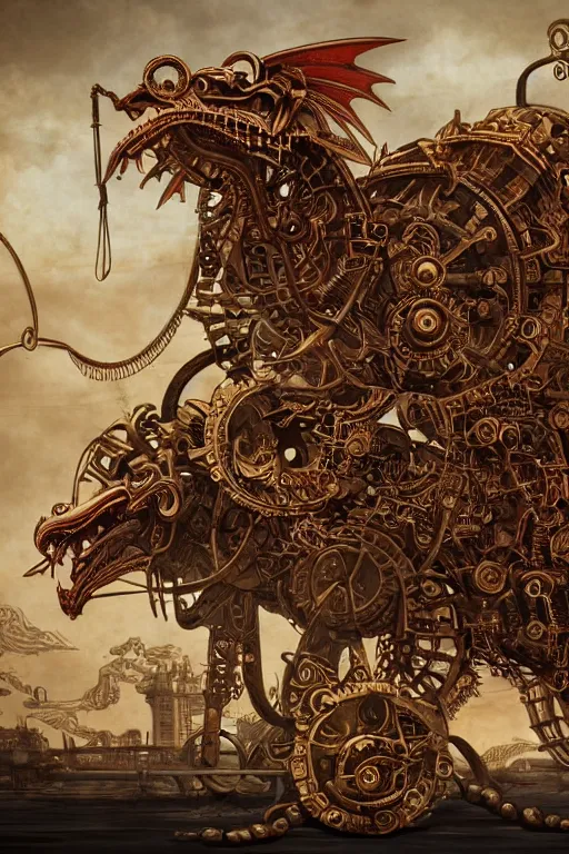 Image similar to illustration, old sick gold and crimsoned scaled asian style dragon on a steam punk plank of machinery with wires and gears and steam punk apparatus, matte painting, style of studio ghibli, featured in artstation and artgerm and pixiv, award winning, cinematic, intricate, 8 k