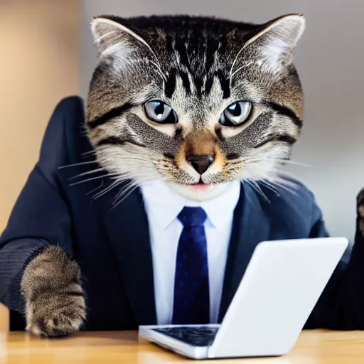Prompt: photo of an anthropomorphic cat wearing a business suit using a computer in an office