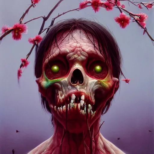 Image similar to a nature portrait of a p - zombie!!! natural lighting art dawn. highly detailed. colourful. moody. artstation, 4 k, by gerald brom zdzisław beksinski, and ansel adams and studio ghibli, horror, lots of sakura flowers, lovely