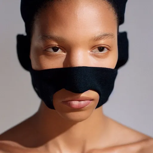 Image similar to realistic photoshooting for a new balenciaga lookbook, color film photography, portrait of a beautiful woman, model is wearing a balaclava mask, in style of tyler mitchell, 3 5 mm,