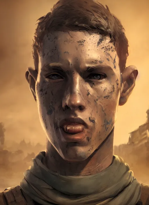 Prompt: A comic book style portrait painting of a male soldier in a post apocalyptic world, unreal 5, DAZ, hyperrealistic, octane render, RPG portrait, dynamic lighting