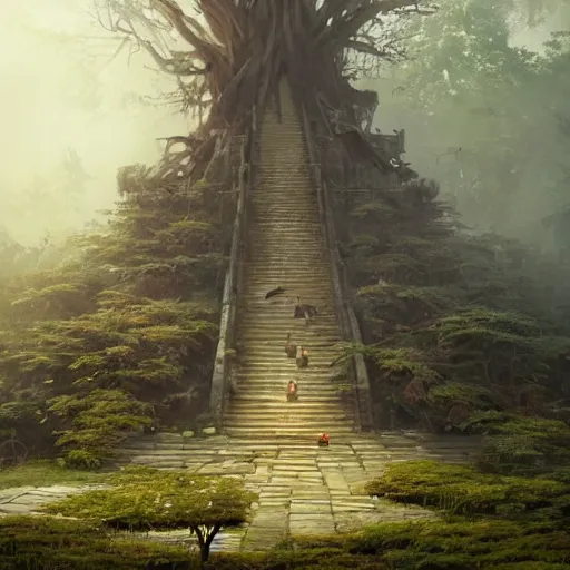Prompt: a tree formed as a temple, wooden stairs, by greg rutkowski, magic the gathering, highly detailed, matte painting, trending on artstation