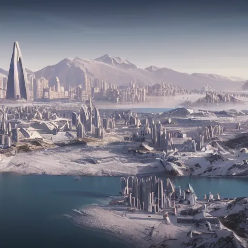 Prompt: A coastal city near some snow-capped mountains, sci-fi, 8k photorealistic, coruscant from star wars, futuristic architecture