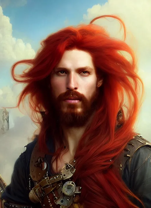 Prompt: portrait painting of a long hair red hair male pirate, soft hair steampunk airship in the sky art by raphael lacoste and stephan martiniere greg rutkowski gaston bussiere fantasy soft hair trending on artstation key art dramtic volumetric lighting, 4 k, award winning