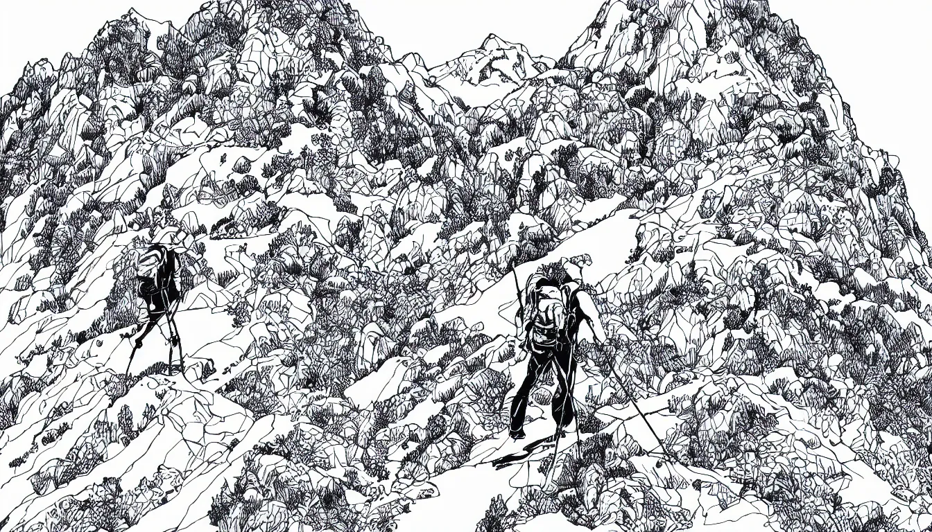 Image similar to lone backpacker on mountain ridgeline, minimalist line art by moebius, clean long lines, ultra detailed