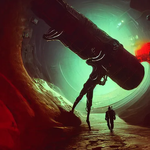 Image similar to digital art artwork of an astronaut entering Valhalla by H. R. Giger, trending on artstation, Unreal Engine 5, 8K, colorful, neon colors