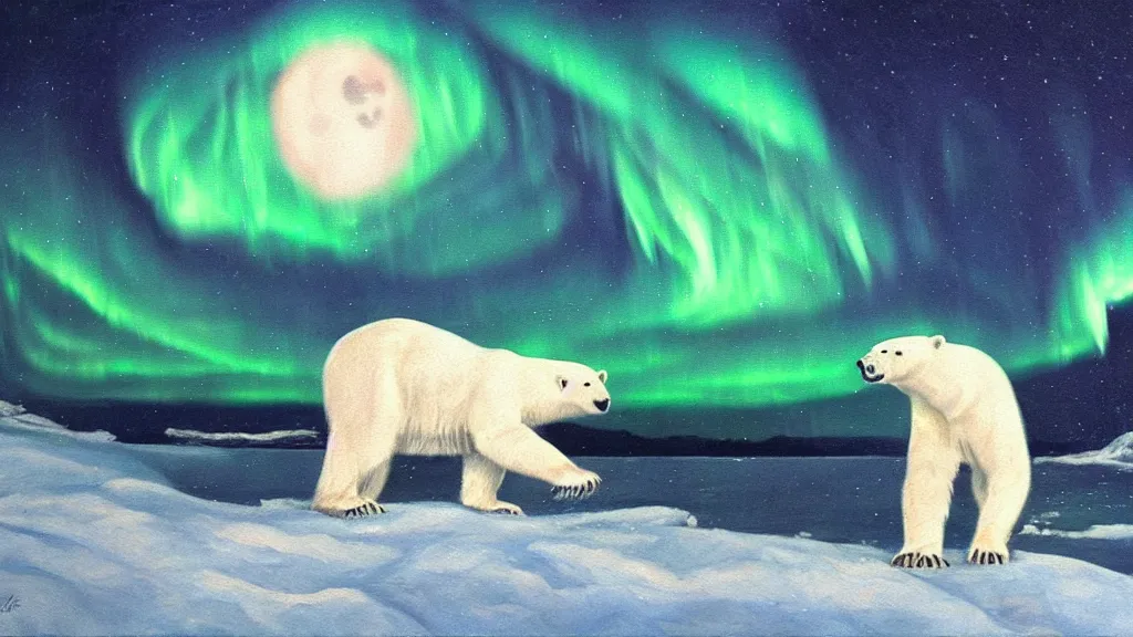 Image similar to an oil painting of a close - up polar bear traversing a snowy landscape at night, the northern lights and the moon are visible