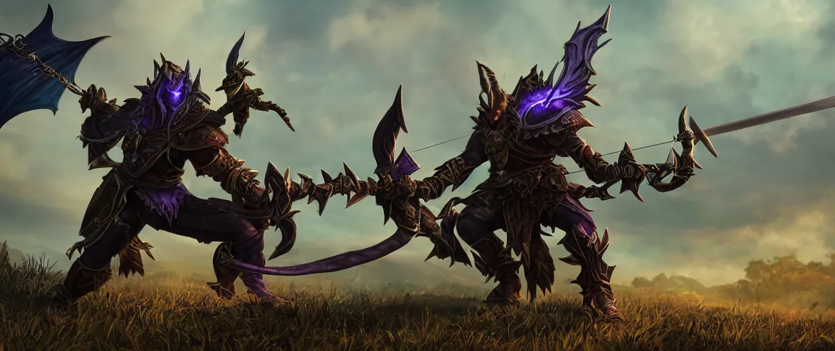 Prompt: a armored night elf hunter casting magic arrows with ravager wow pet lord dramatic lighting cinematic establishing shot extremely high detail foto realistic cinematic lighting post processed