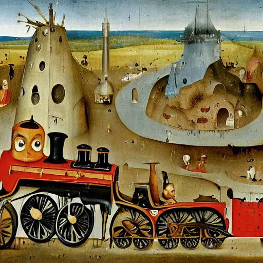 Image similar to thomas the tank engine as painted by hieronymus bosch