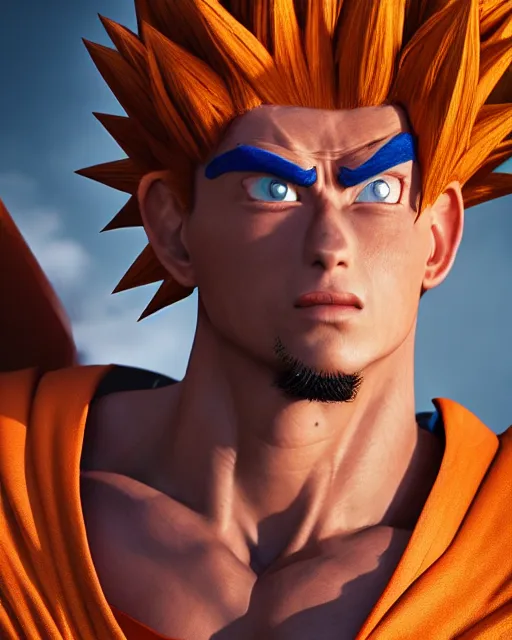 Image similar to 3 d high octane render, 8 k hyperrealism, unreal engine, photorealistic goku, portrait, dynamic lighting, photorealistic, unreal engine, octane, ultra detailed, detailed faces, hd quality, life like, high render, hd resolution