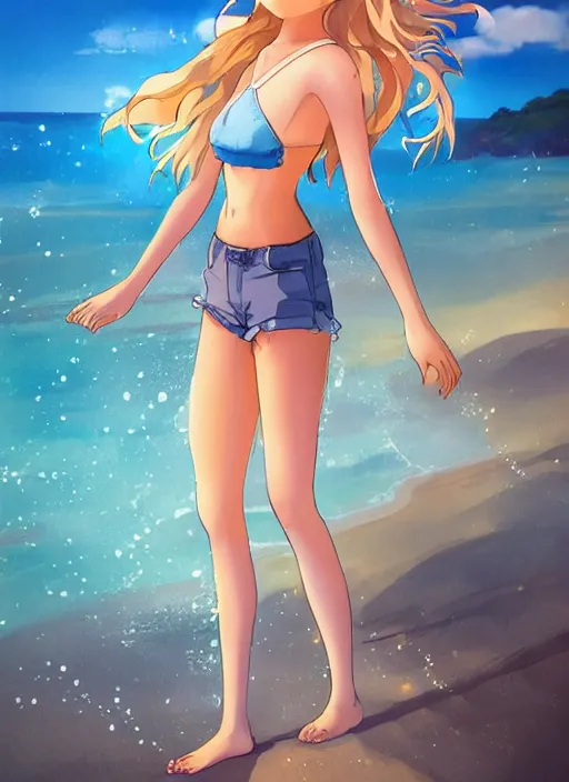 Image similar to girl at a beach, happy, beautiful, finely detailed, made by ross tran, studio ghibli, full body portrait, illustration, shinny water, shinny sand, sunny, anime, front view, perfect anime face, realistic face, zoomed out, smooth, blue eyes, high waisted shorts, sharp focus