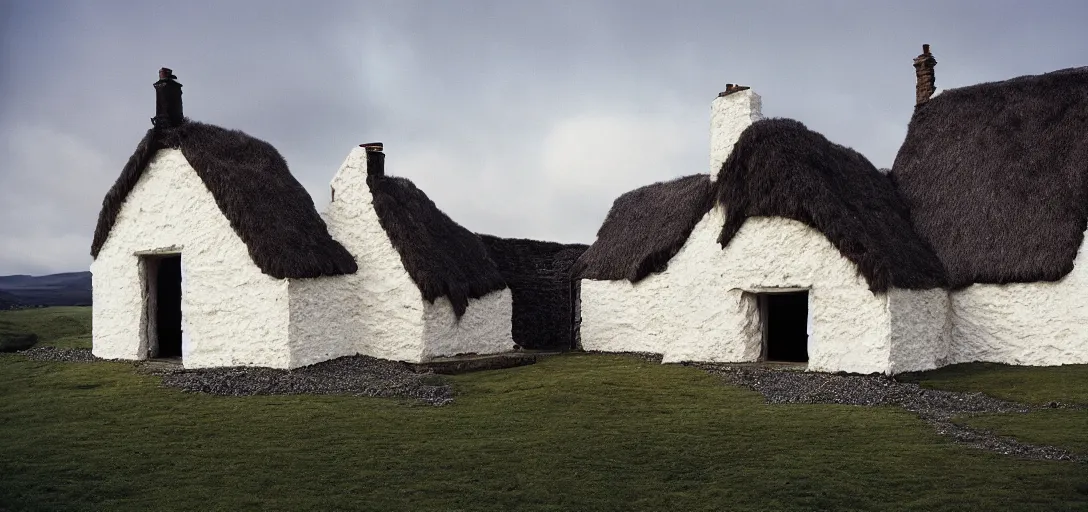 Image similar to scottish blackhouse made of ivory - white pentelic marble. designed by renzo piano. fujinon premista 1 9 - 4 5 mm t 2. 9. portra 8 0 0.