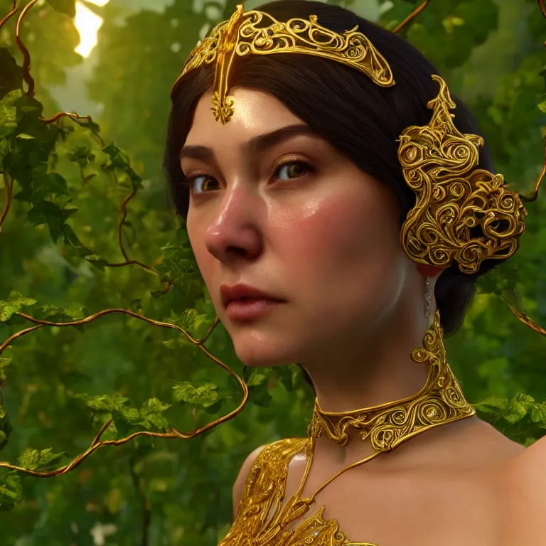 Image similar to princess of vines with a clear skin, ornate 8 k gorgeous intricate gold detailed unreal engine rendered