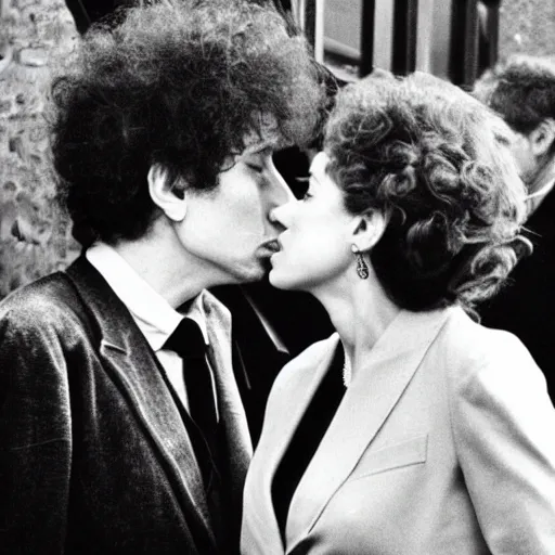 Prompt: bob dylan kissing the queen, clear faces, very high detail