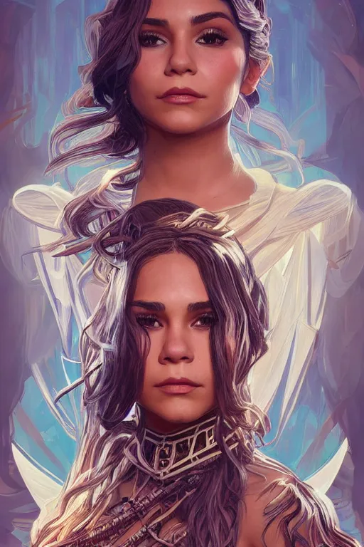 Image similar to symmetry!! portrait of vanessa hudgens in the style of horizon zero dawn, machine face, intricate, elegant, highly detailed, digital painting, artstation, concept art, smooth, sharp focus, illustration, art by artgerm and greg rutkowski and alphonse mucha, 8 k