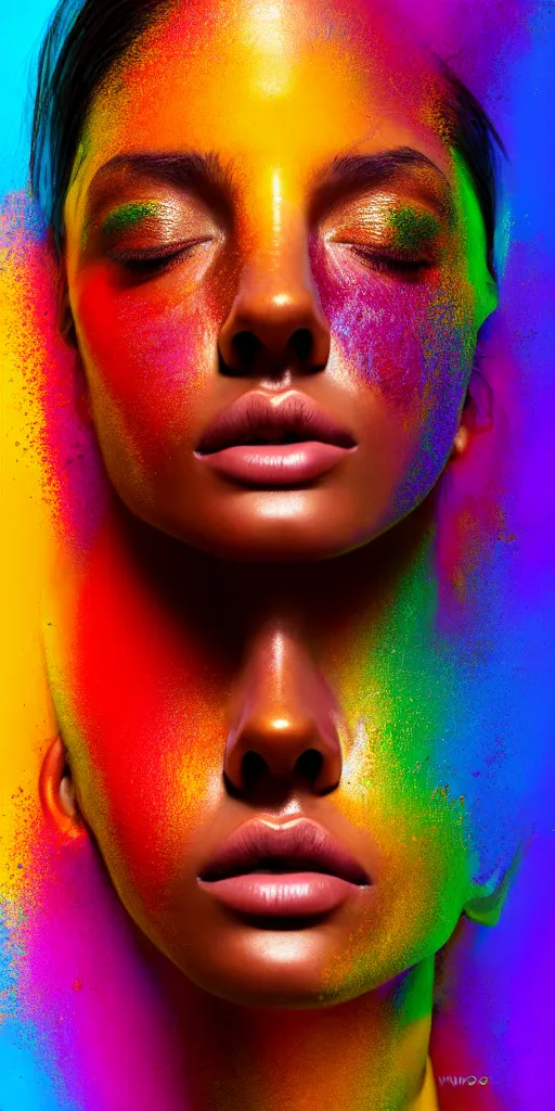 Image similar to photo half body portrait of very beautiful woman, face emerging from pool of colorful oils, brown skin, realism, extreme detail, real life, key art, soft light, volumetric light, 3 - d shadows, photo by james jean and wlop, photoshoot