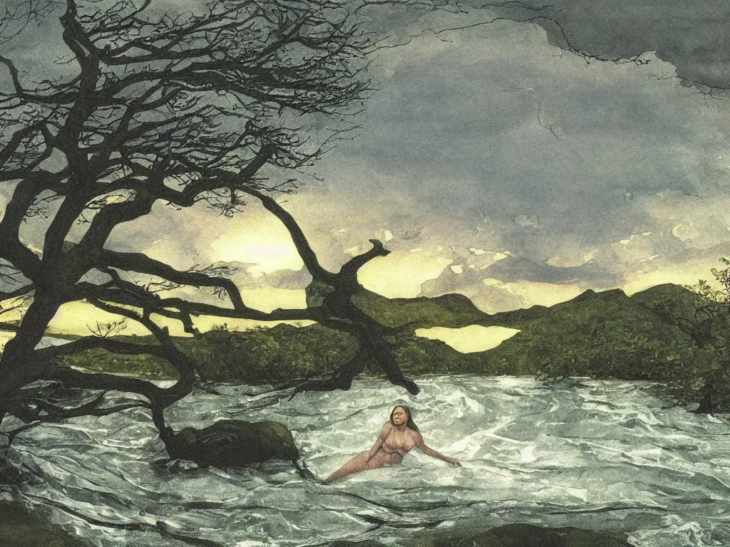 Image similar to Young woman swimming in a turbulent river at sunset. Acacia trees in the wind, blinding lightning strikes. Painting by Lucas Cranach, Andrew Wyeth