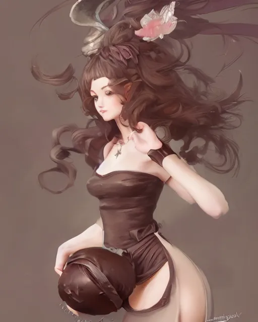 Image similar to a ( girl as personification of chocolate cupcake ), fantasy bakery, digital art by krenz cushart, laurie greasly, wlop, artgerm, intricate, detailed figure, dynamic pose, highly detailed, sharp focus, smooth, epic composition, joyful, unreal engine