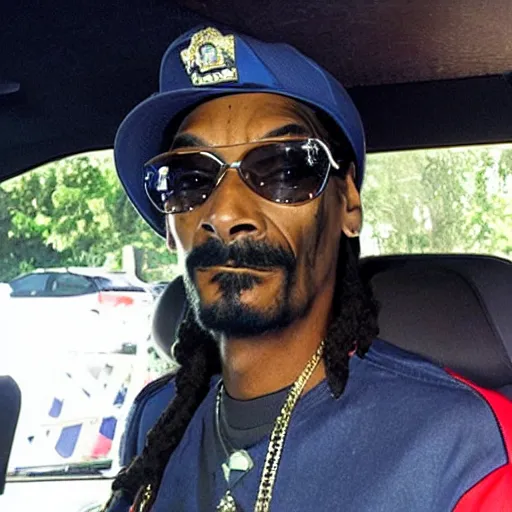 Prompt: Snoop Dogg is sitting in a police car wearing a cap C-13