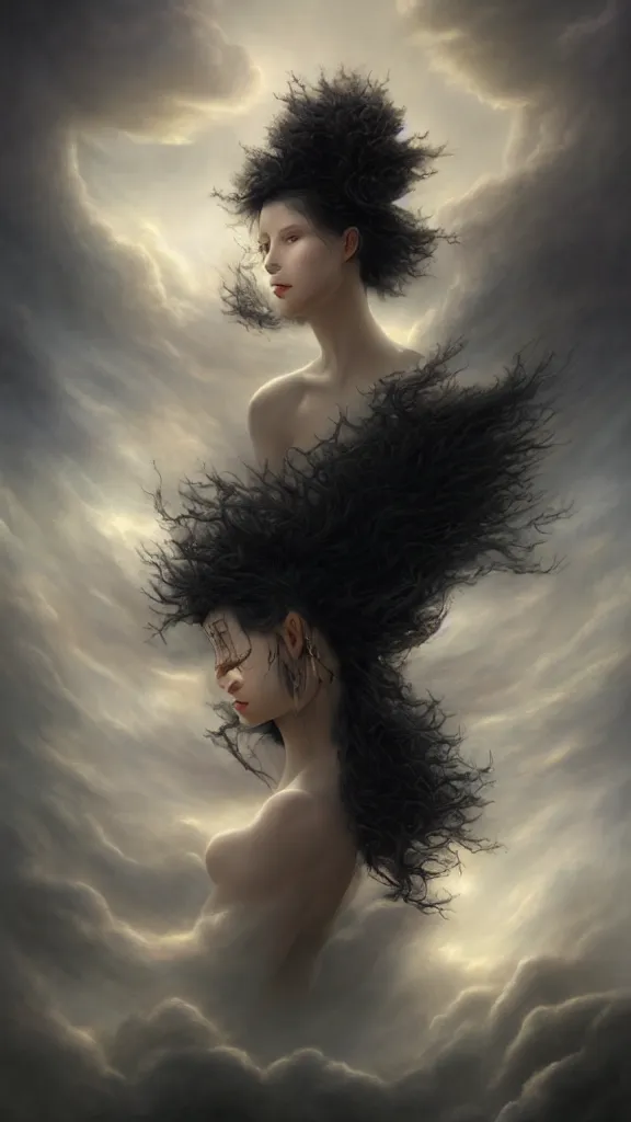 Image similar to a woman with very black hair and pale skin with a crown on her head walking on the clouds, in the style of tomasz alen kopera and fenghua zhong and peter mohrbacher, mystical colors, rim light, beautiful lighting, 8 k, stunning scene, raytracing, octane, trending on artstation,