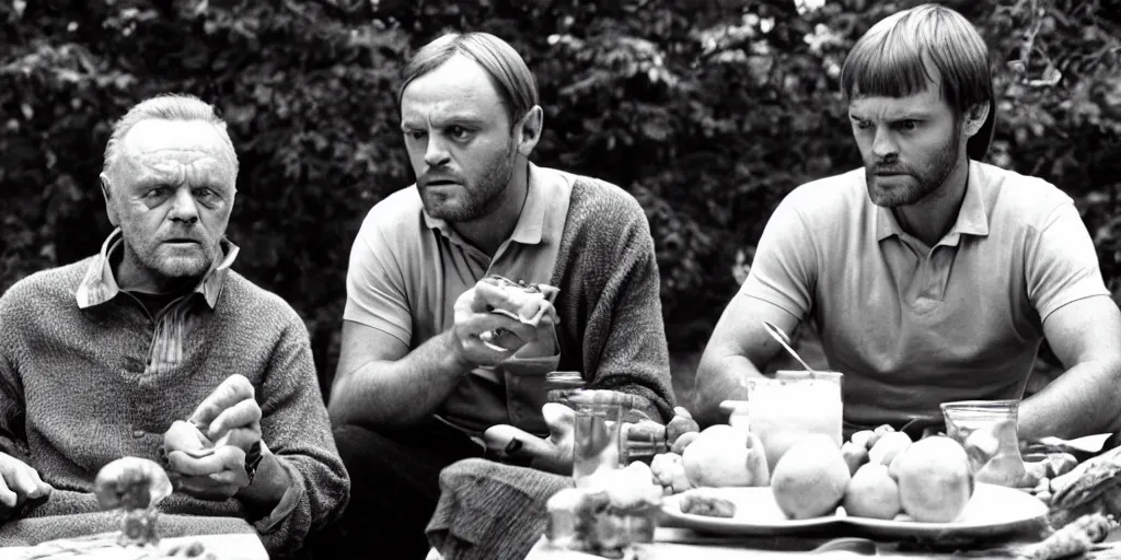 Image similar to photo of anthony hopkins and jeffrey dahmer sitting at a picnic table eating delicious fruit, hd