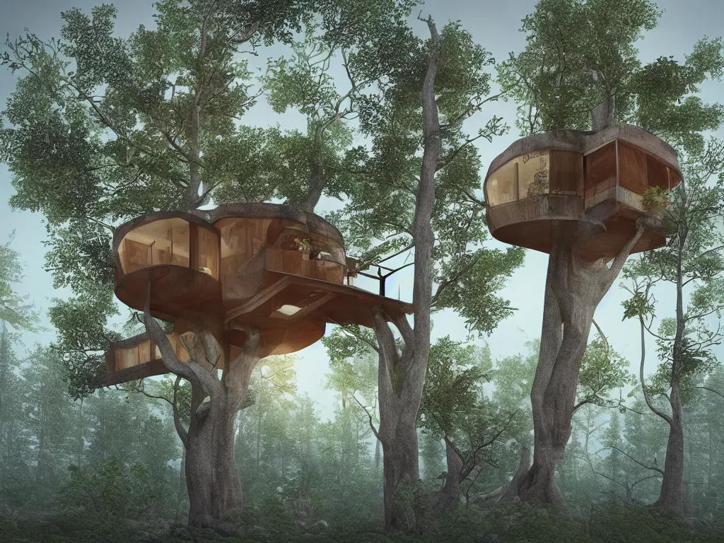 Image similar to “A mid-century stahl tree house by Pierre Koenig, trending on artstation, octane render, cgsociety, digital art”