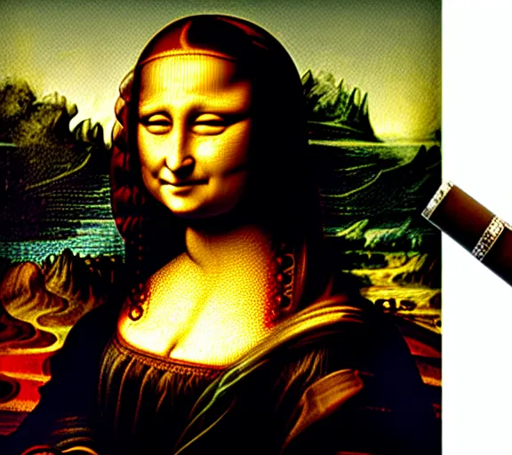 Image similar to A portrait of mona lisa smoking a giant joint, smoke, 8k, hyper-detailed, cinematic