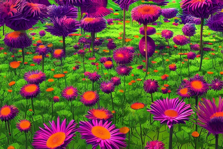 Image similar to beautiful field of giant gerber daisy flowers digital illustration by dr. seuss : 1 | colorful surreal psychedelic megaflora forest by beeple : 1