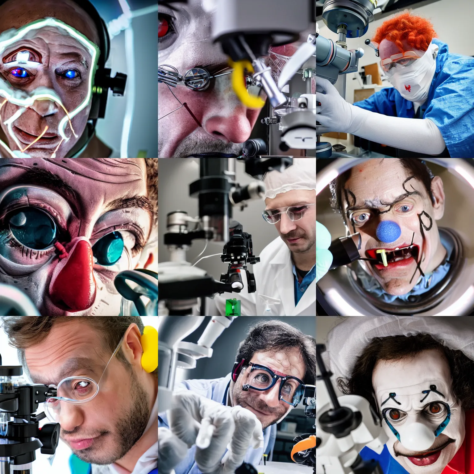 Prompt: clown scientist in lab doing extreme closeup microscopy of tiny cyborg, focus on cyborg