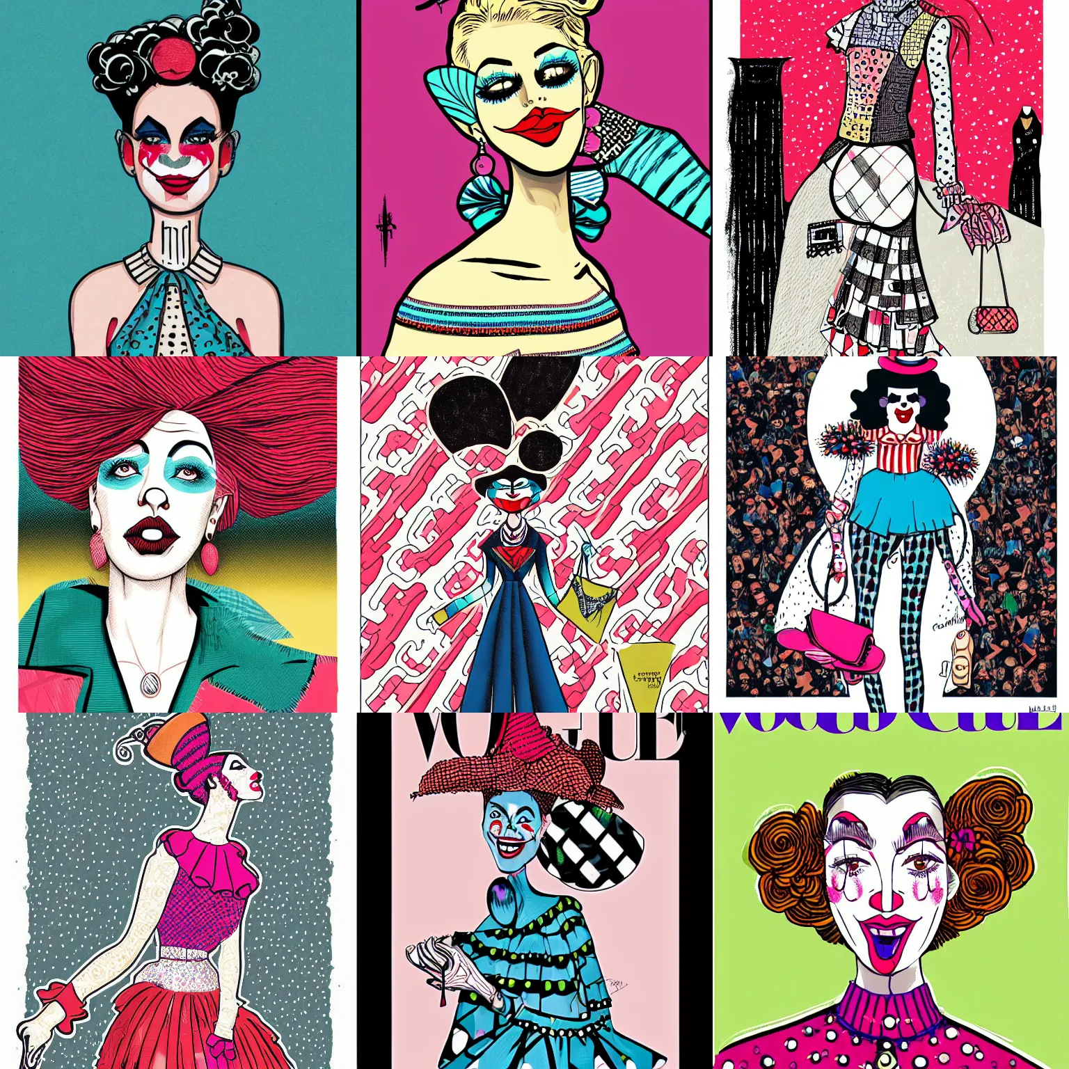 Prompt: women's fashion clown, detailed illustration by tim doyle and vogue magazine