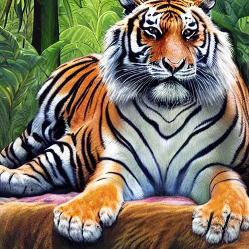 Prompt: Extraordinarily regal looking tiger lounging in the jungle. Award winning art