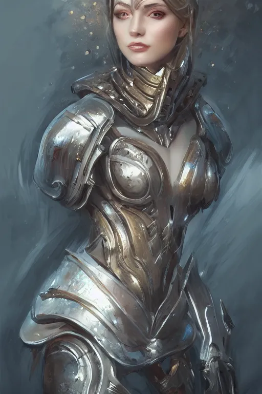 Image similar to three-quarters portrait pose of a beautiful woman, slim body, shining armor, human warrior, fantasy, intricate, elegant, highly detailed, digital painting, artstation, concept art, matte, sharp focus,D&D, illustration, art by Stanley Lau