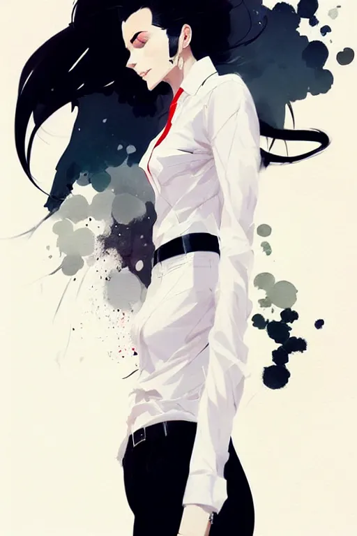 Image similar to a ultradetailed beautiful panting of a stylish woman, she is wearing a white shirt with a tie and black pants, by conrad roset, greg rutkowski and makoto shinkai trending on artstation